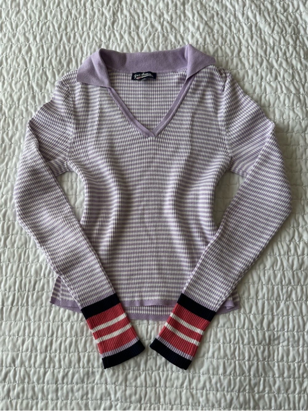 Freshman Lilac Striped V-Neck Sweater with Red and Black Cuff Stripes